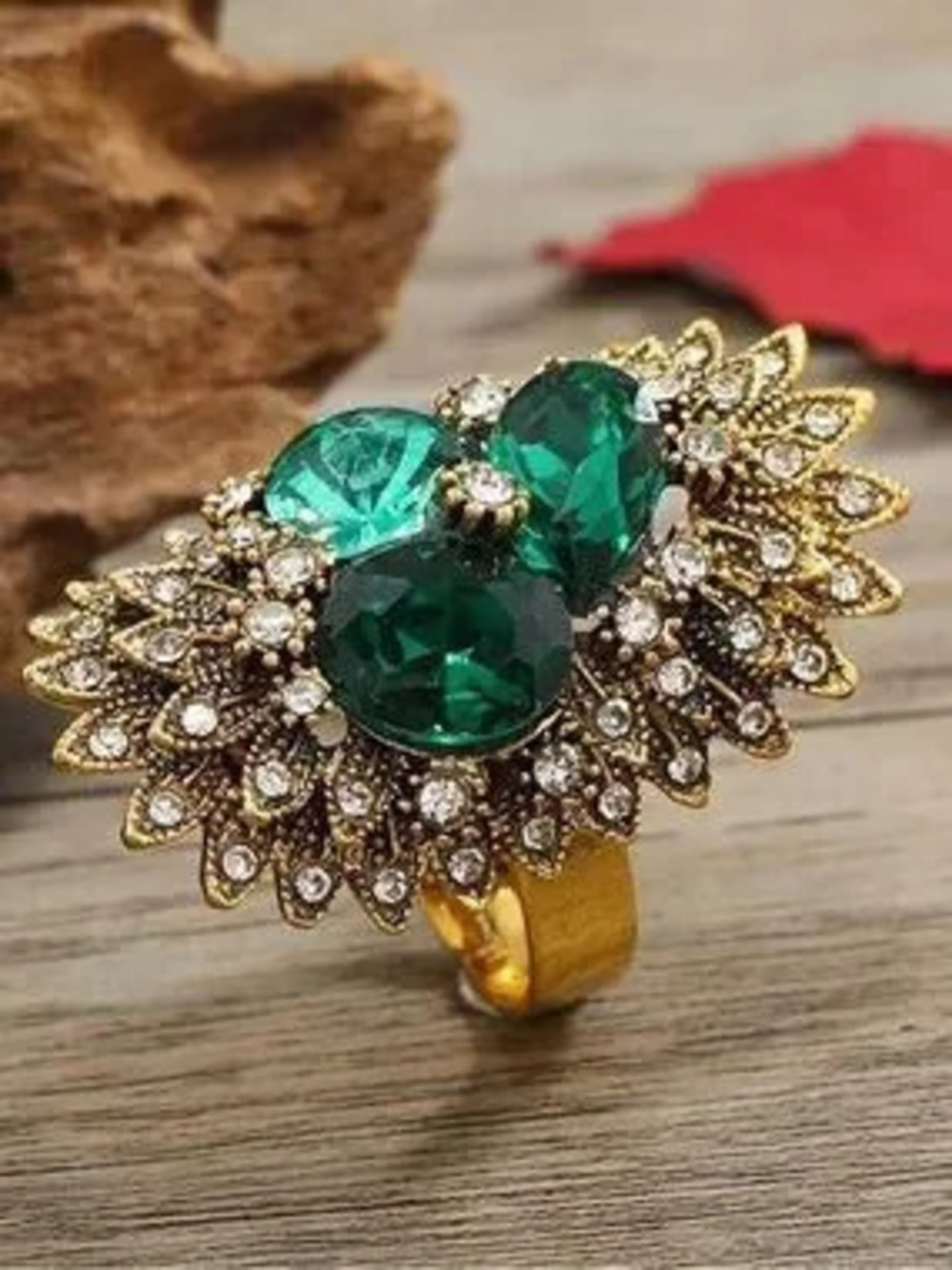 Anthropologie Gold-Tone Ring with Emerald Green Crystals
